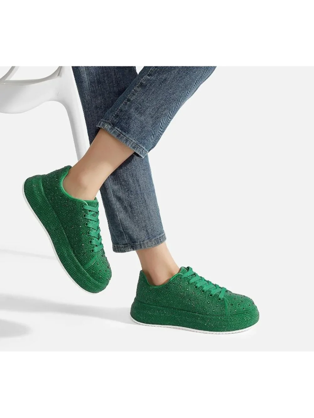 🆕Women's Green Sparkly Glitter Bling Tennis Rhinestone Platform Sneakers